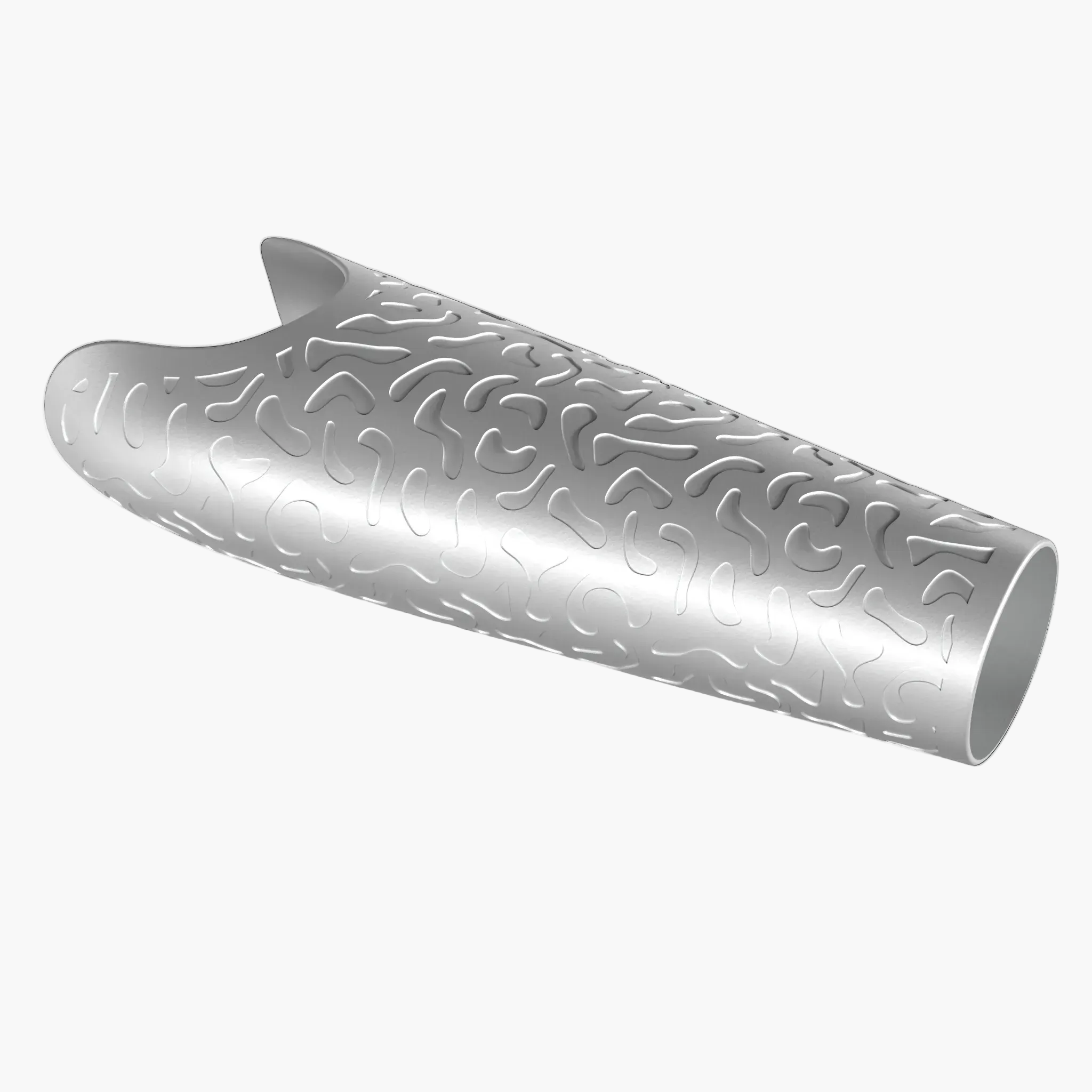 A silver metallic prosthetic arm cover with an engraved organic pattern, shown at an angle on a light gray background.