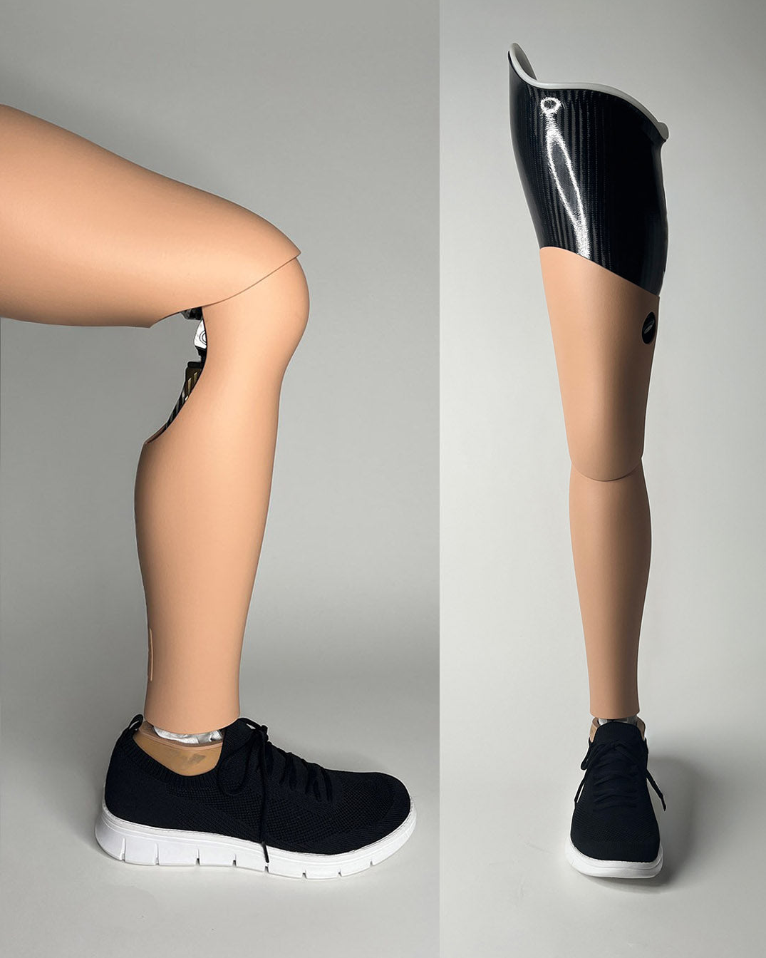 Prosthetic leg and a leg with a black shoe on a gray background