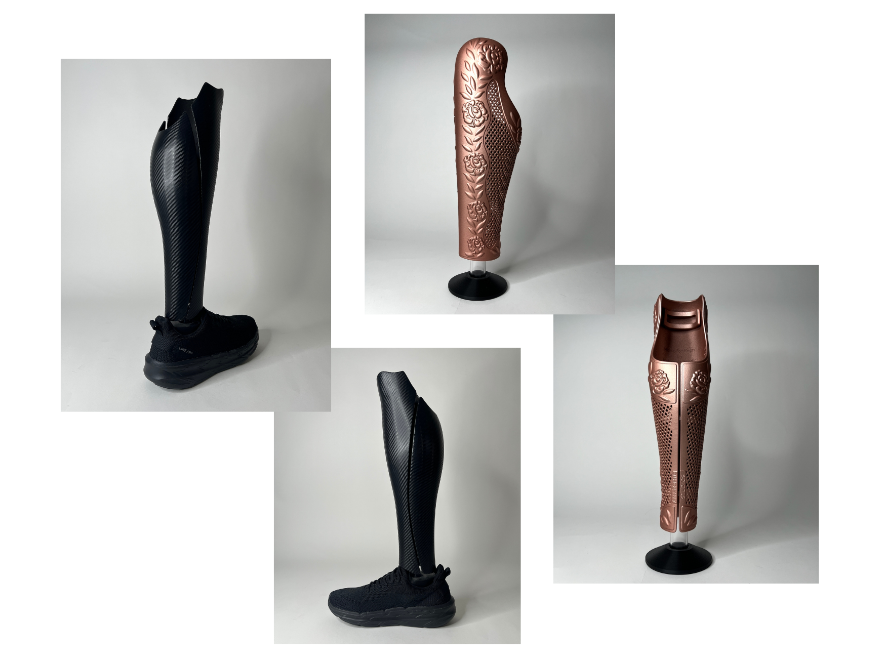 Collage of black and rose gold prosthetic leg covers on a white background