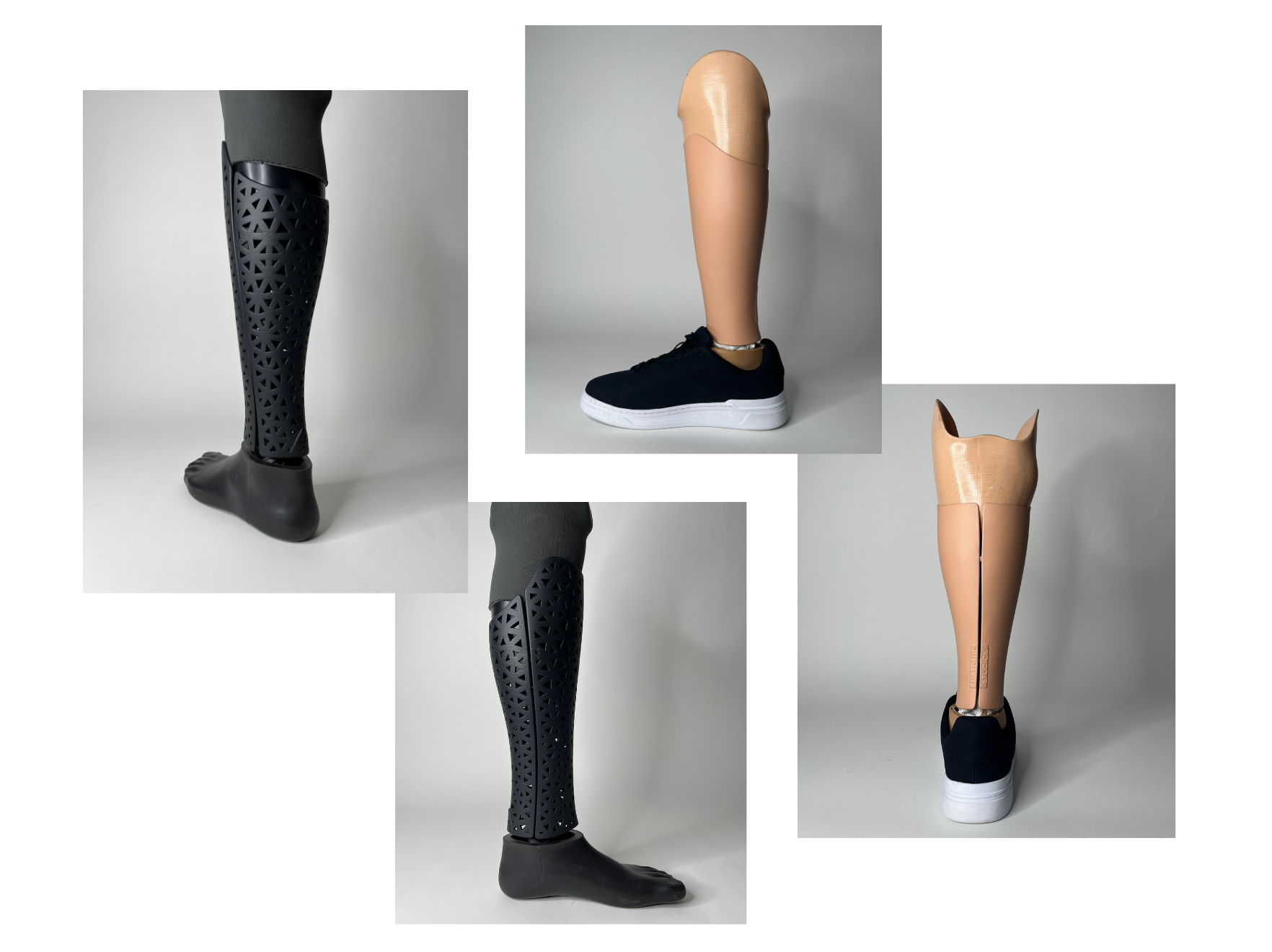 Collage of prosthetic legs with black and beige models on a white background