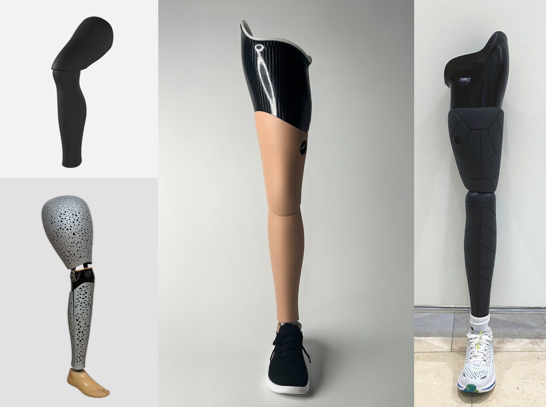Collage of various prosthetic legs on a neutral background
