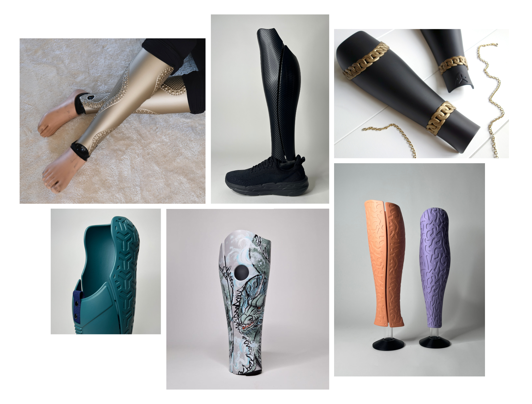 Collage of various prosthetic covers in different designs and colors.