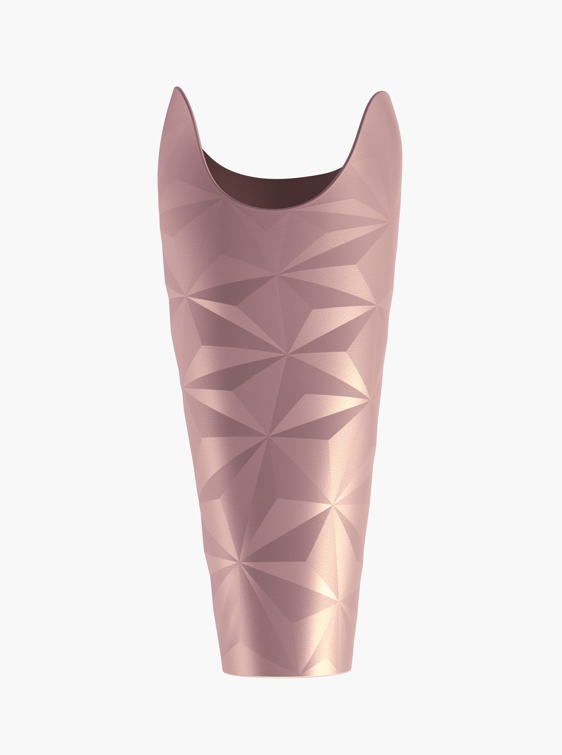 A prosthetic arm cover in a metallic rose gold color, featuring a geometric faceted 3D pattern, shown against a plain white background.