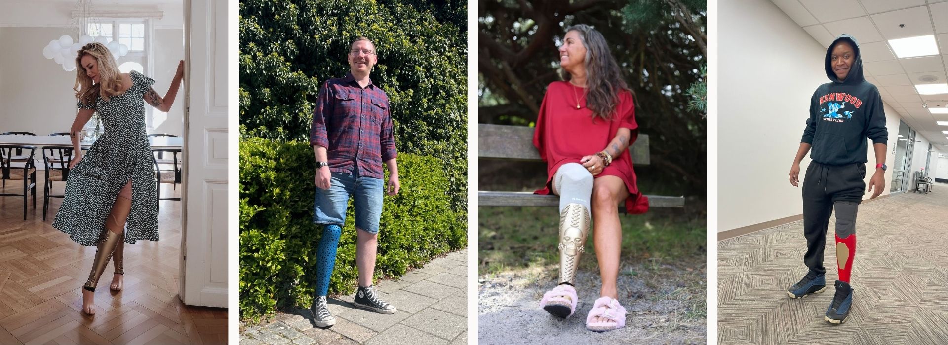 A collage of four images featuring individuals wearing prosthetic covers in different settings. From left to right: A woman in a flowing dress poses indoors, wearing gold prosthetic covers. A man stands outside in the sun, smiling, with a blue geometric-patterned prosthetic cover. A woman sits on a bench in nature, wearing a red dress and a gold prosthetic cover with a skull and punk rock-styled rivets as decor in the design. A man in a navy-coloured hoodie and sweatpants standing in a hallway, wearing a red and gold prosthetic cover.