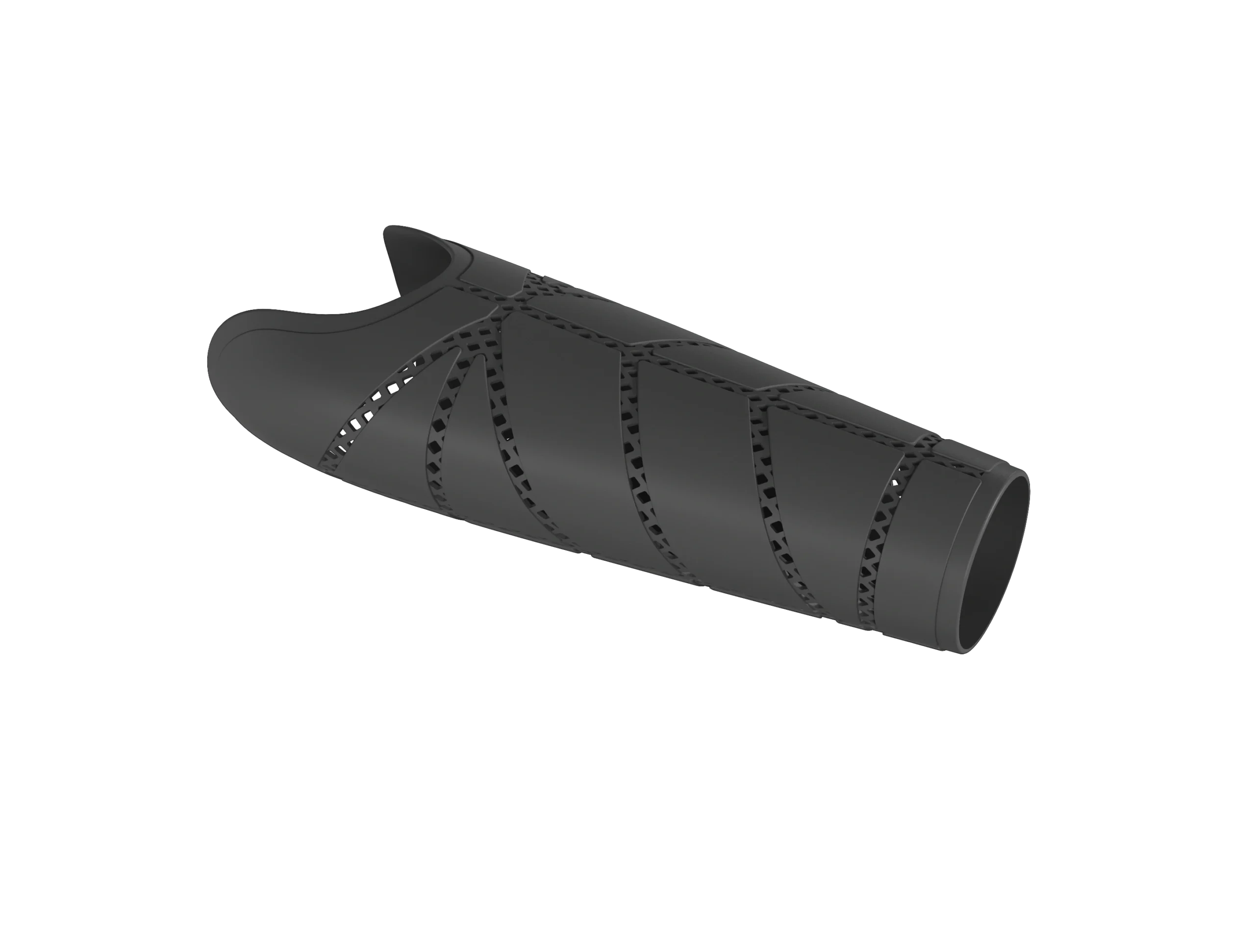 Armour prosthetic arm cover in black matte – angled perspective view showing net pattern and angular segments.