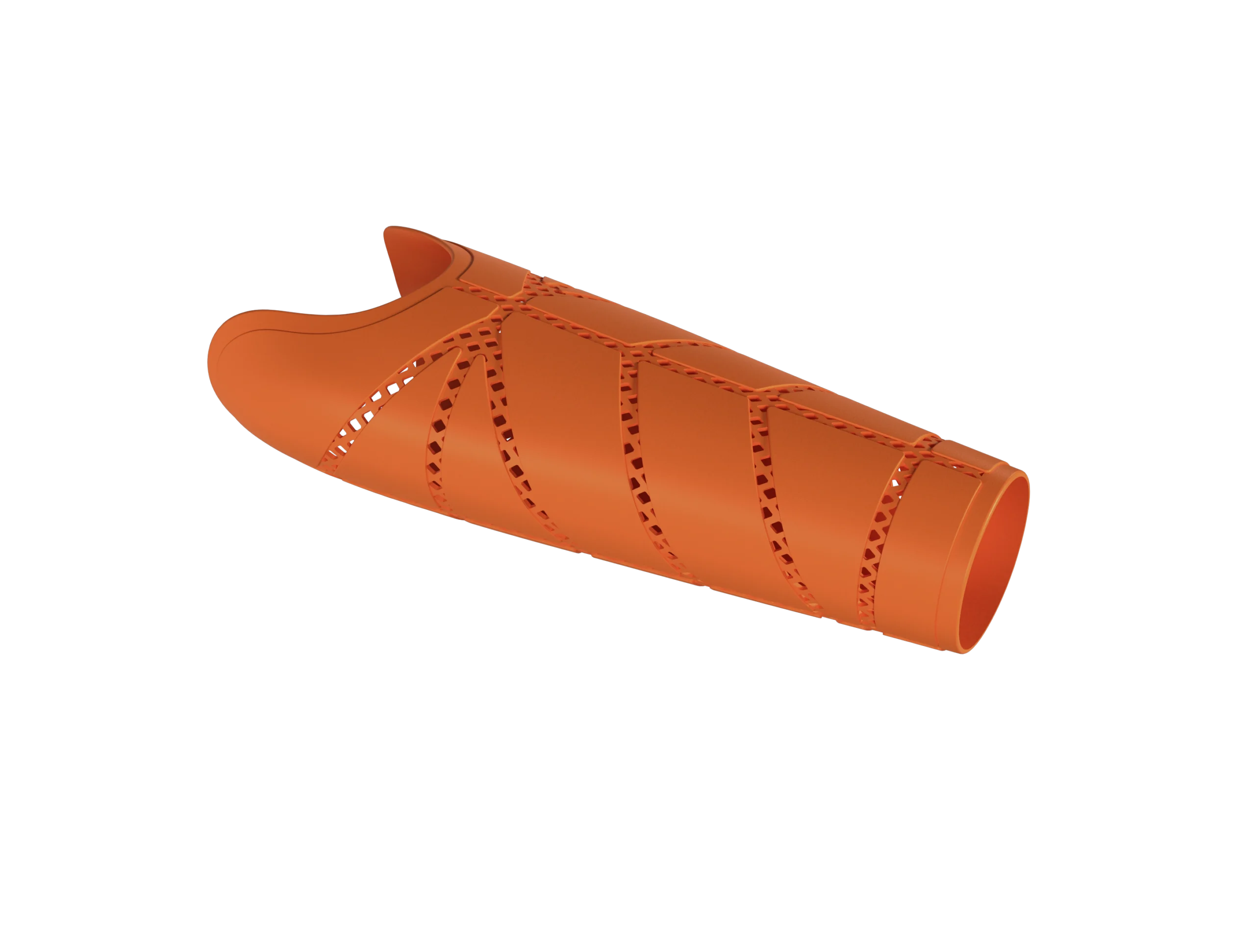 Armour prosthetic arm cover in bright orange – angled perspective view showing net pattern and angular segments.