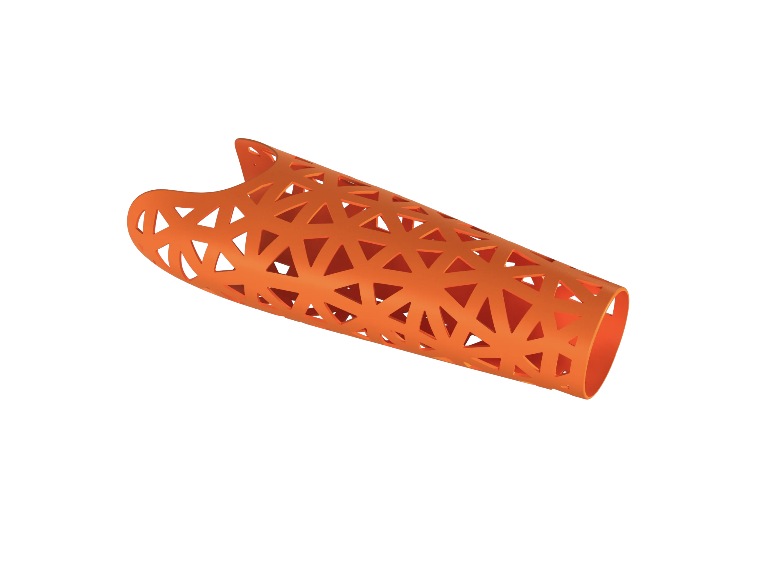 Mesh prosthetic arm cover in bright orange, featuring a lightweight design with a geometric net of triangular cut-outs.
