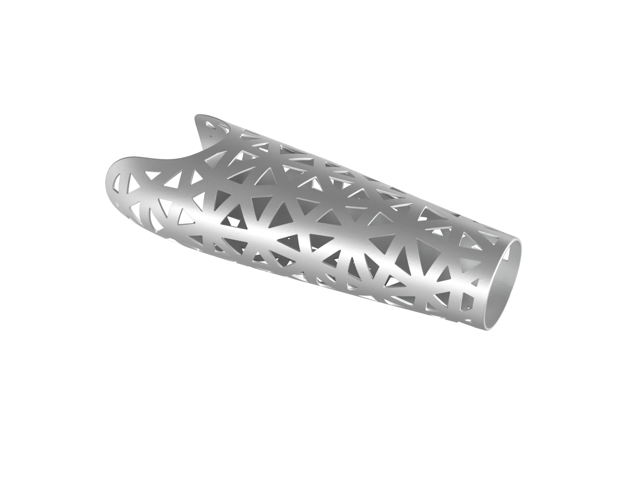 Mesh prosthetic arm cover in metallic silver colour, featuring a lightweight design with a geometric net of triangular cut-outs.