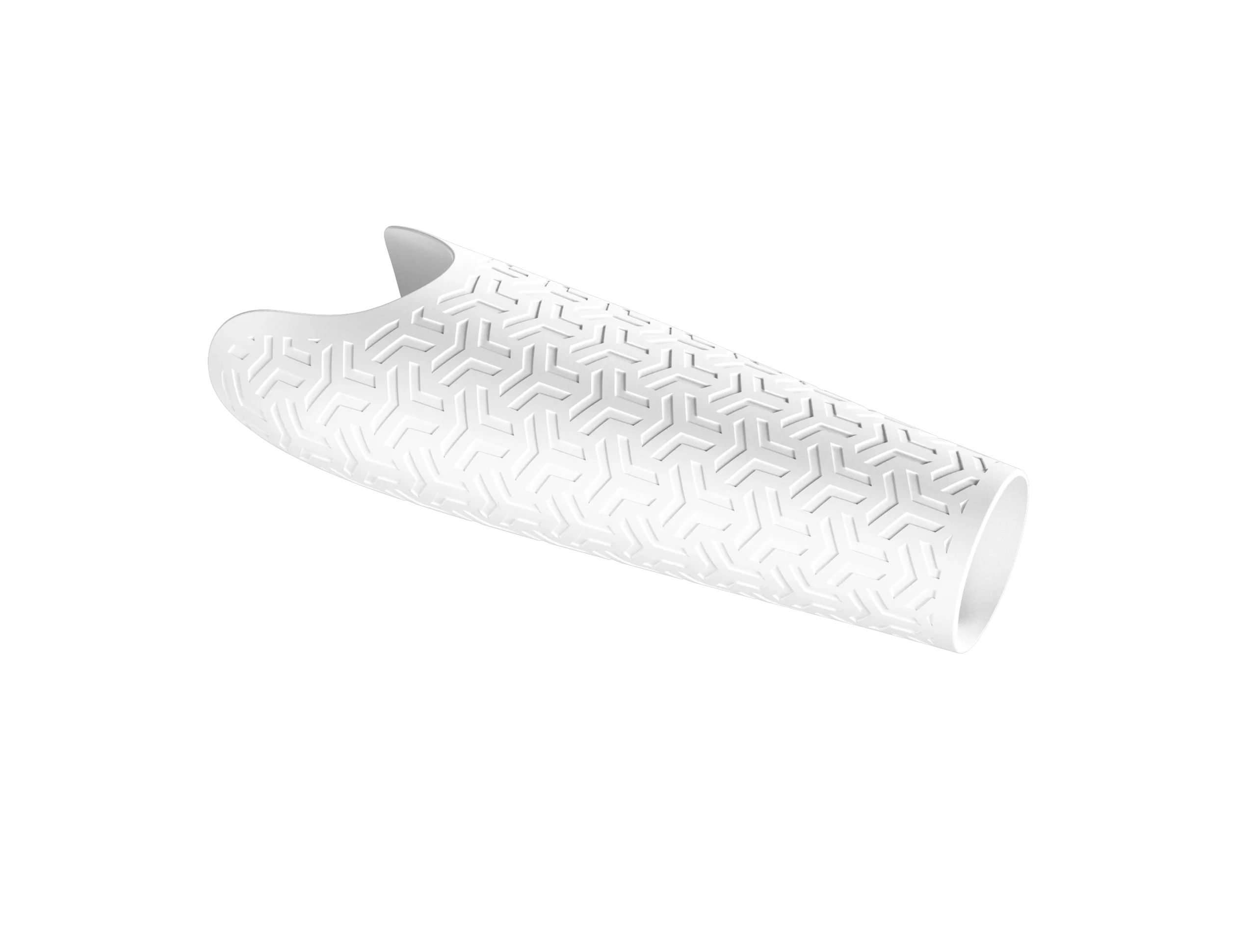 Prime prosthetic arm cover in arctic white, featuring an engraved abstract arrow pattern for a dynamic, sporty look.