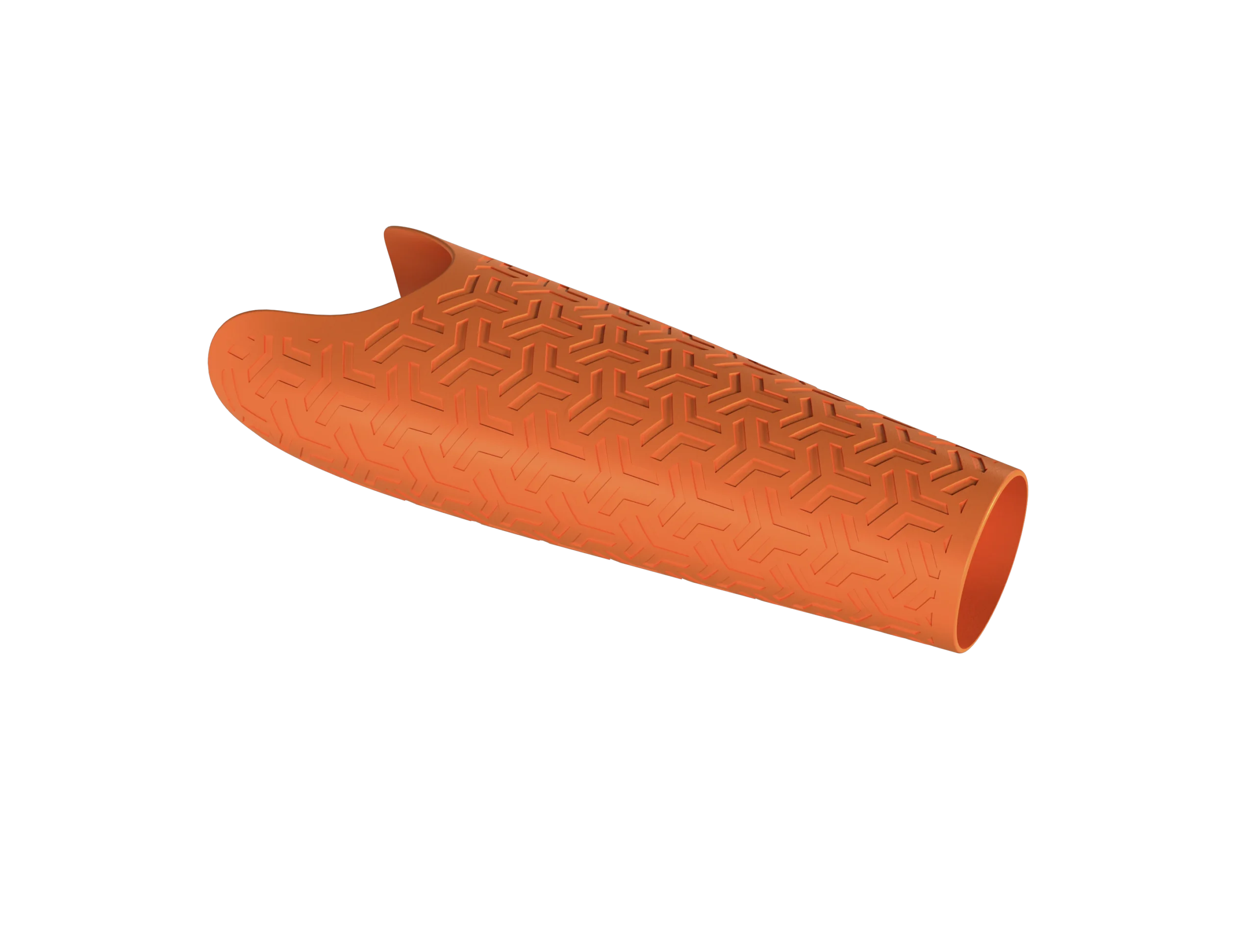 Prime prosthetic arm cover in bright orange, featuring an engraved abstract arrow pattern for a dynamic, sporty look.